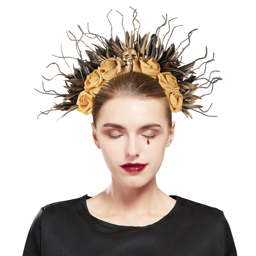 6006 Roses Halo Crown Headband - Roses Skull Headpiece for Halloween